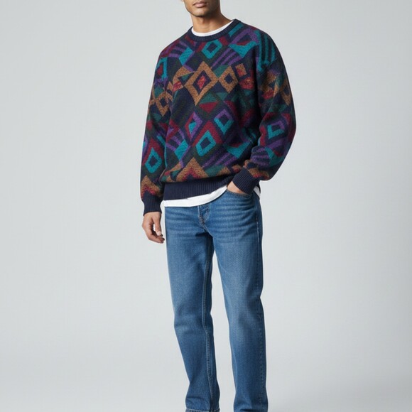 TSR Other - TSR Vintage 90s Abstract Geometric Crewneck Sweater Navy Multicolor USA Made M
